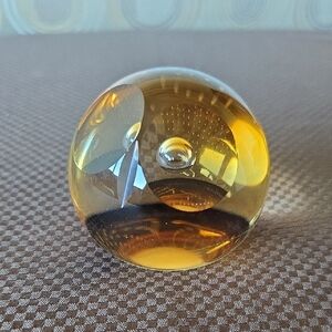 Wise Owl Paperweight, Caithness Scottland, Amber Colored Blown Glass, Decorative